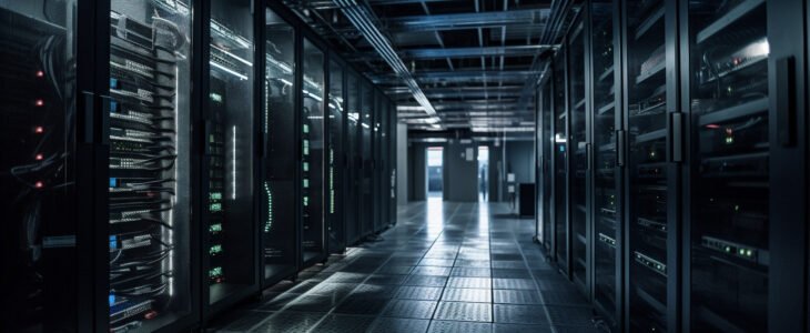 Futuristic computer lab equipment in a row generated by artificial intelligence